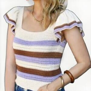 Mango Ruffled Striped Crochet Knit Sweater Size Med Short Sleeve Cottagecore NEW